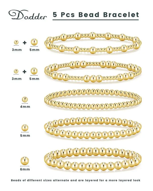 Women's 5PCS Gold Ball Beads Stretchable Bracelets Set - Waterproof, Adjustable Jewelry for Women, Gold Jewelry for Beach & Everyday Wear (Sohochic)