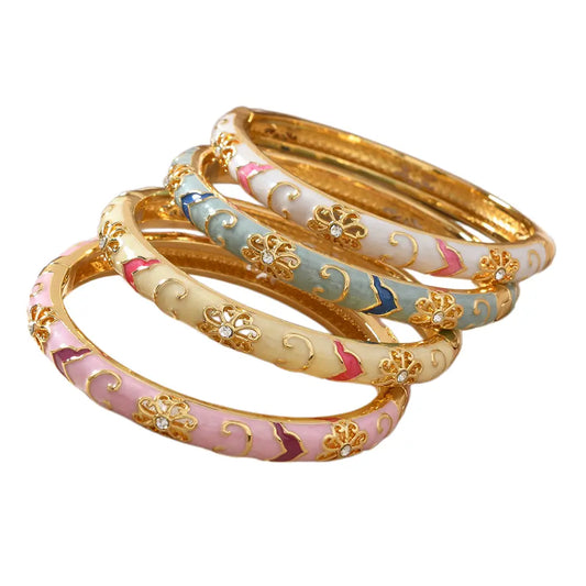 Women's Vintage Floral Fadesafe Enamel Bangle - Gold-Tone Cubic Zirconia Exquisite Fashion Bracelet, Lightweight Bling Gold Aesthetic Wrist Stack Jewelry for Women, Ideal Gift for Party & Daily Wear