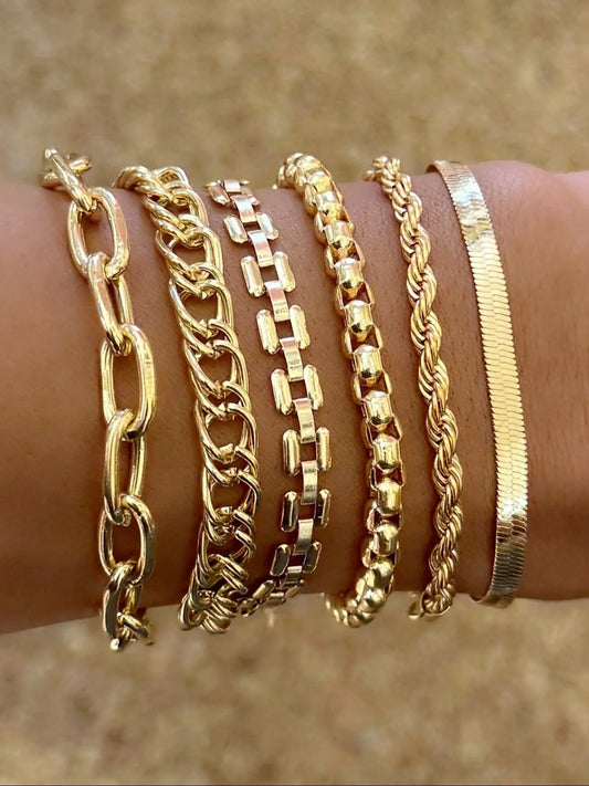 Women's Vintage Cuban Chain Bracelet Set, Stackable Bracelets, Metal Hand Jewelry Gift, Fashionable & Elegant Design, Perfect for Daily Wear & Special Occasions, Link Bracelets, Stacked Bracelets