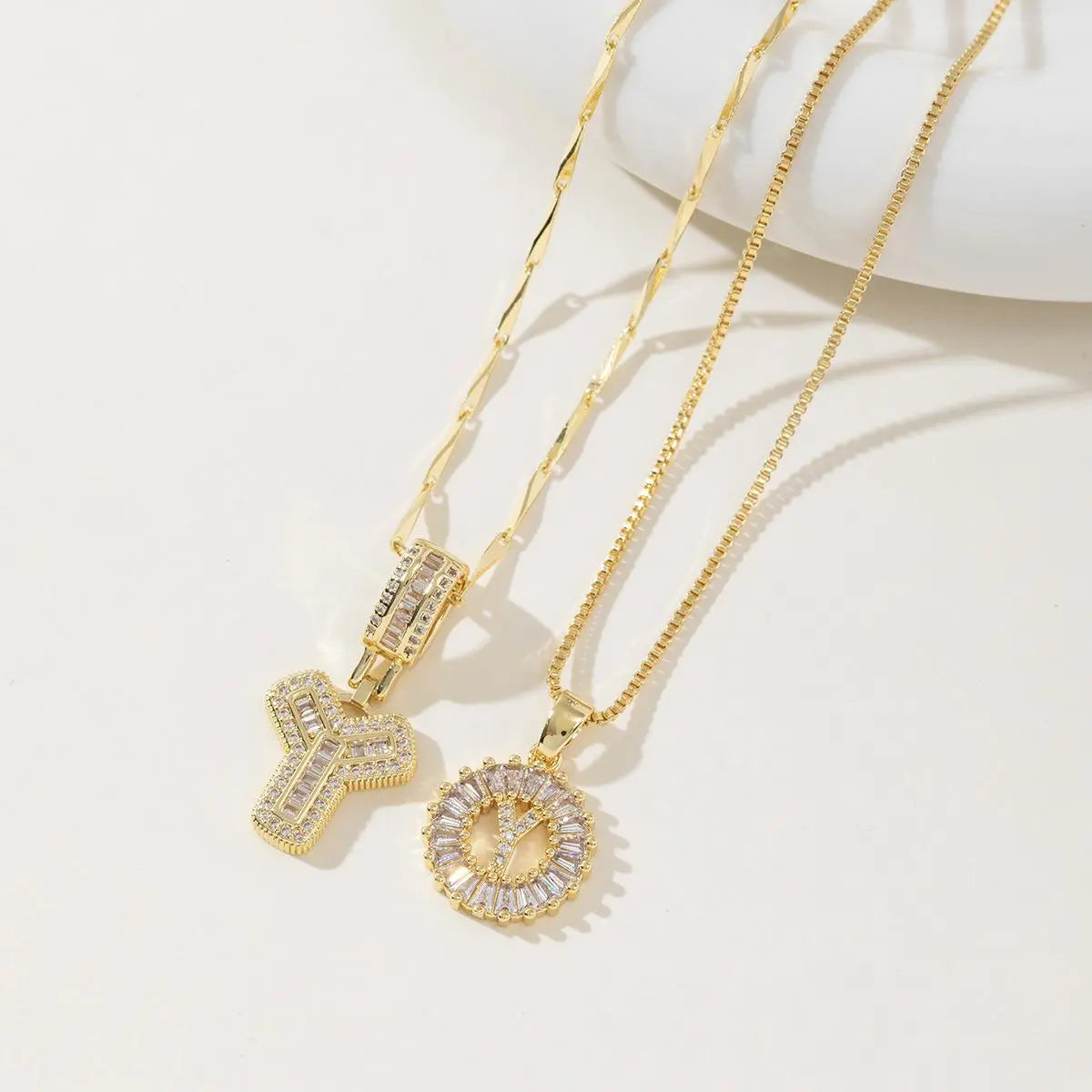 Women's Full diamond Rock sugar 26 letters Pendant Necklace Set Copper with zircon and gold plating Gold‑plated Round shape Flowers Fashion Accessories Layered Jewelry Set