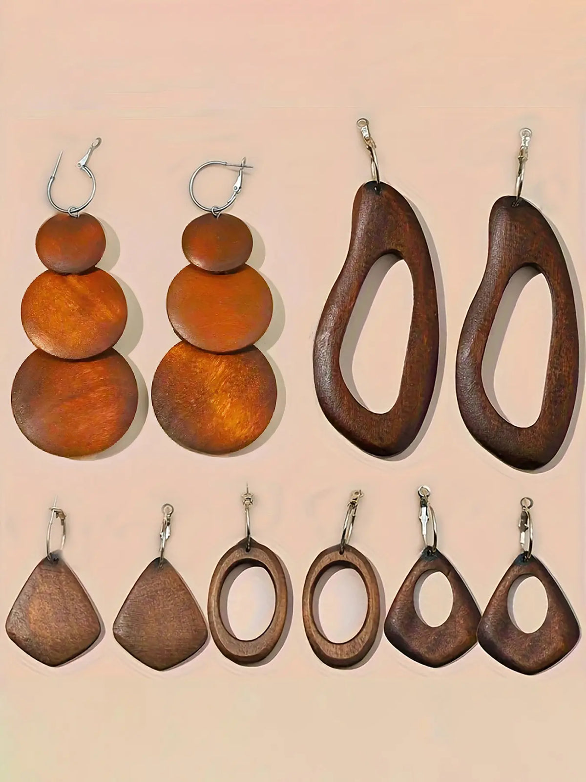 Wooden Dangle Earrings, Crafted From Wood Boho Style Hollow Out Geometric Design Earrings, Fashion Jewelry Accessories for Women & Girls, Unique Design Earrings, Earrings Set