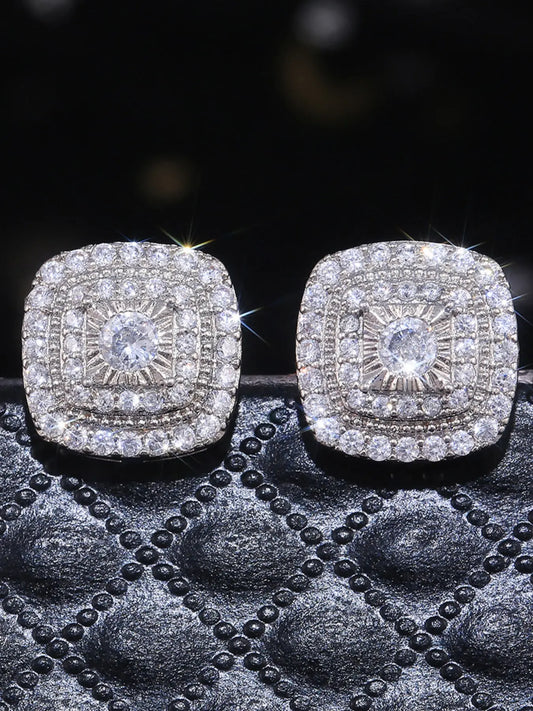 Fashion Hip Hop Synthetic Zirconia Geometric Square Stud Earrings, Unisex Trendy Jewelry for Women and Men, High Quality Sparkling Daily Wear Trendy Fashionable Accessories
