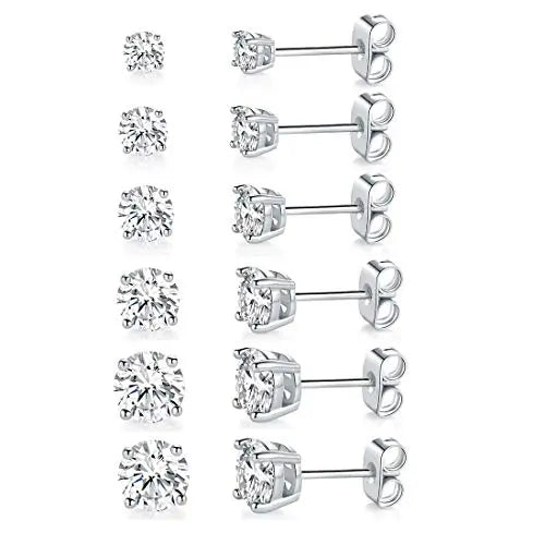 MDFUN 6MM Round Cubic Zirconia Stud Earrings Set - 4-Prong Setting, Brass Plated, Hypoallergenic, Butterfly Back Hold, Classic Minimalist All Seasons Jewelry for Men/Women, Ideal for Anniversaries/Birthday