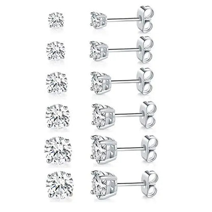 MDFUN 6MM Round Cubic Zirconia Stud Earrings Set - 4-Prong Setting, Brass Plated, Hypoallergenic, Butterfly Back Hold, Classic Minimalist All Seasons Jewelry for Men/Women, Ideal for Anniversaries/Birthday
