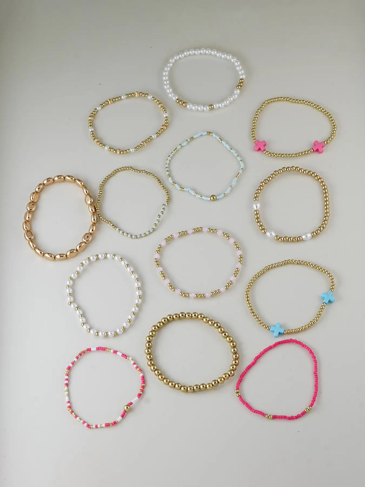 13-Piece Women's Cross Bracelet Set, Colorful CCB Beads, Faux Pearl Layered Elastic Bracelet, Birthday Gift, Multilayered Design, Beaded Bracelet Sets, Stacked Design Bracelets