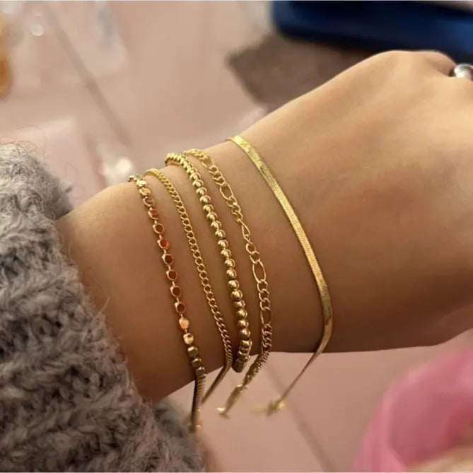 TEWIKY Women's 5-Piece Thin Dainty Gold Aesthetic Bracelet Stack Set, Chain Styles Including Paperclip, Cuban Link & Greenish Beads, Adjustable 6.5in Metal Coating Jewelry for Everyday Wear, Casual, Stackable Sets