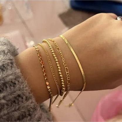 TEWIKY Women's 5-Piece Thin Dainty Gold Aesthetic Bracelet Stack Set, Chain Styles Including Paperclip, Cuban Link & Greenish Beads, Adjustable 6.5in Metal Coating Jewelry for Everyday Wear, Casual, Stackable Sets