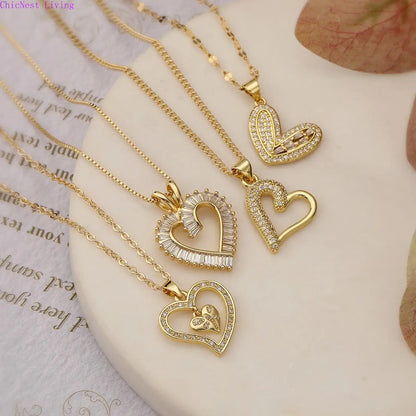 Women's 18K Gold Plated Heart Pendant Necklace, Shiny Zircon INS Minimalist Luxury Dainty Clavicle Chain, For Daily Casual Wear & Holiday Gifting, Sports & Outdoor Accessory, Soho-Chic