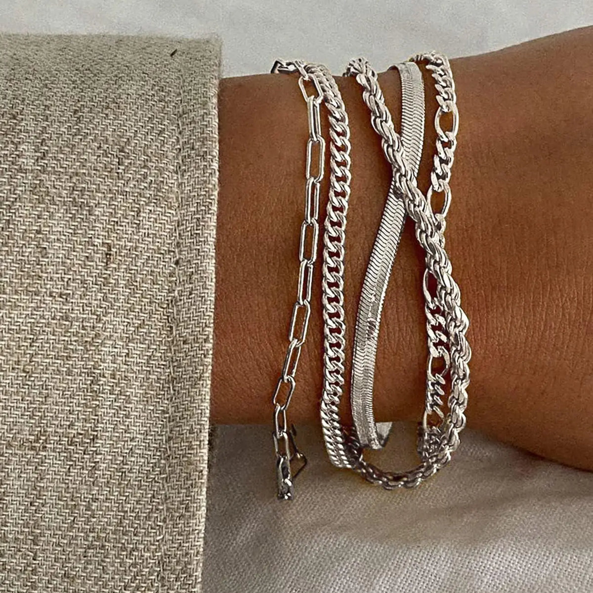 TEWIKY Women's 5-Piece Thin Dainty Gold Aesthetic Bracelet Stack Set, Chain Styles Including Paperclip, Cuban Link & Greenish Beads, Adjustable 6.5in Metal Coating Jewelry for Everyday Wear, Casual, Stackable Sets