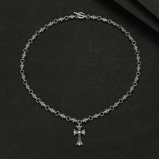 Vintage Silver Cross Pendant Necklace - Gothic Punk Style Flower Chain Choker, Men's Jewelry, Jewelry for Women, Necklaces for Women, Alternative Accessories for Daily Wear