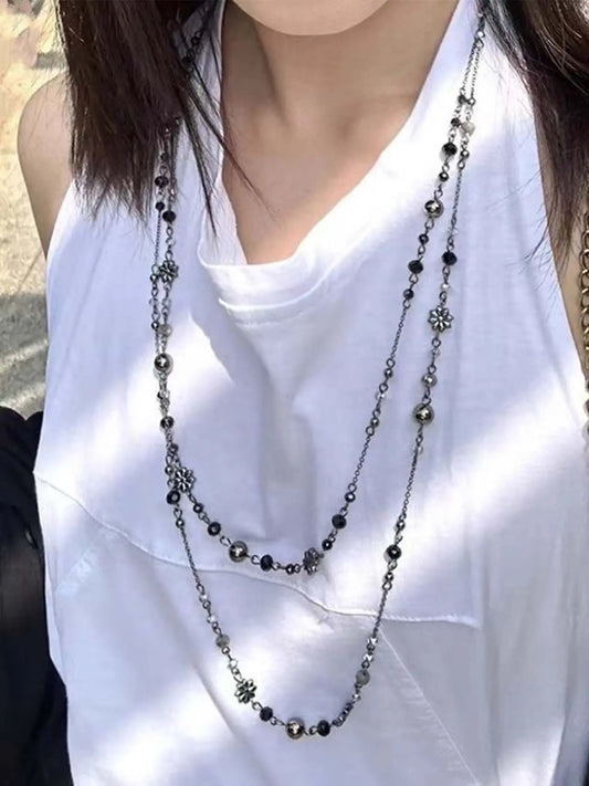 Vintage Boho Long Necklace, Alloy Necklace, Colorful Flower Beaded Sweater Chain, Ethnic Style Women's Jewelry, Retro Chic Double Layer Design, Dainty Layering Jewelry, Double Layered Jewelry, Bohemian Flower Necklace