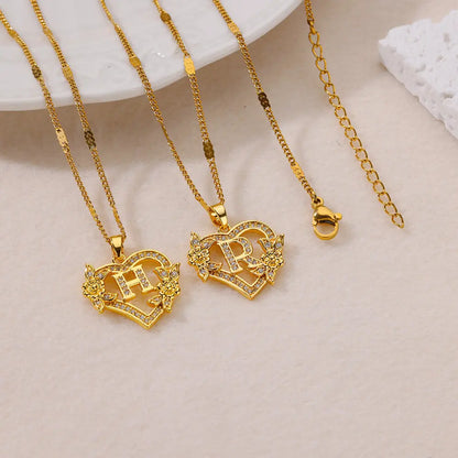 New Fashion Letter Detail Heart Shaped Pendant Necklace, Love Necklace for Women for Summer, Rhinestone & Flower Decor Stainless Steel Matching Necklace Jewelry, Girl's Temperament Cloths Accessory for Daily Wear