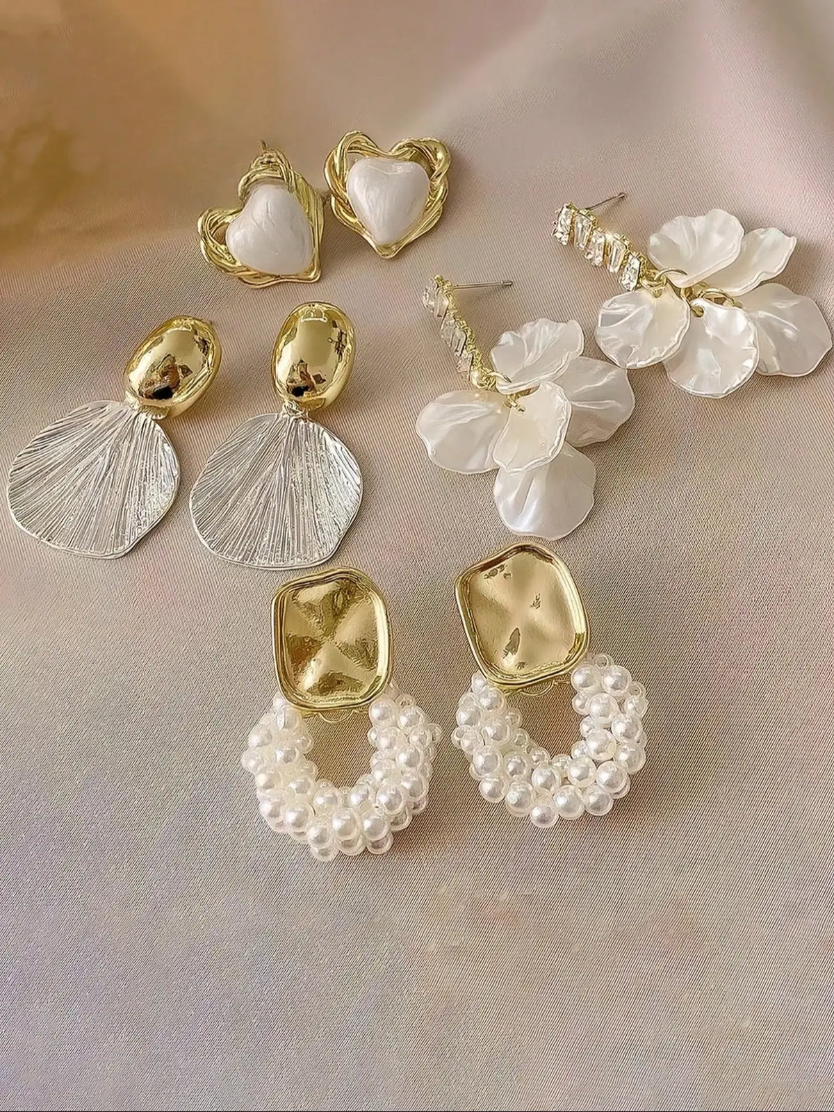 Vintage Round Faux Pearl Shell Drop Heart Shape Earrings, 4 Pairs/set, Earring Pack, Earring Stacking Set, French Style Design, Ideal for Everyday & Special Occasions, Versatile Accessory, Exquisite Jewelry Gift, Earring Stacks