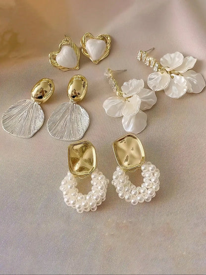Vintage Round Faux Pearl Shell Drop Heart Shape Earrings, 4 Pairs/set, Earring Pack, Earring Stacking Set, French Style Design, Ideal for Everyday & Special Occasions, Versatile Accessory, Exquisite Jewelry Gift, Earring Stacks