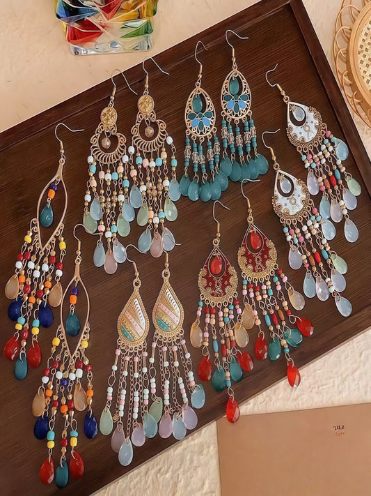 6 Pcs Boho Fringe Dangle Earrings Set, Ethnic Style Vintage Multicolor Drop Earrings for Women, Summer Jewelry