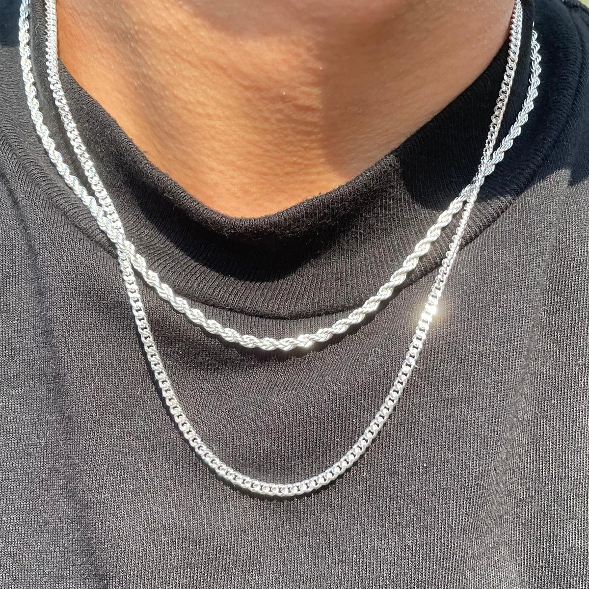 Tewiky Men's 2-Piece 3mm Layered Cuban Link & Rope Chain Necklaces Set Pack, 18-28in Silver Adjustable Men's Jewelry, Daily Wear Trendy Summer Accessory, Cool Gifts for Guys Birthday Gifts for Him