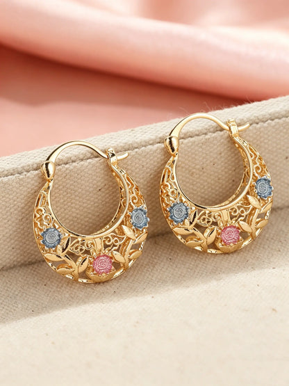 Mexican-style sunflower pattern gold-coloured hollow hoop earrings, hoop shape earrings, elegant party earrings, the perfect anniversary gift for mothers and couples, earrings jewelry
