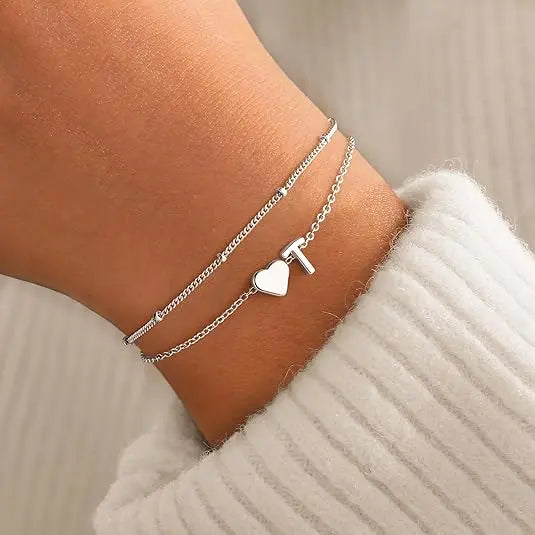 Women's Layered Heart Initial Bracelet Sets - Adjustable Heart-Letter Link, Exquisite Cute Accessories, Fashion Costume Jewelry, Birthday Christmas Gifts, Princess Charm Bangles, Sohochic