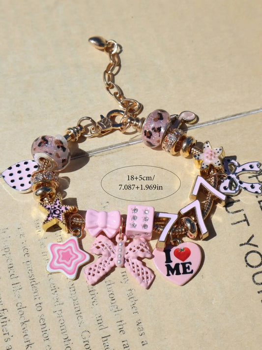 Leopard Print Cherry Charm Bracelet, Star Girl Cross Bracelet, Lucky Number 777 Bracelet, Cherry Tooth Bracelet, Pool Ball 7 Bracelet