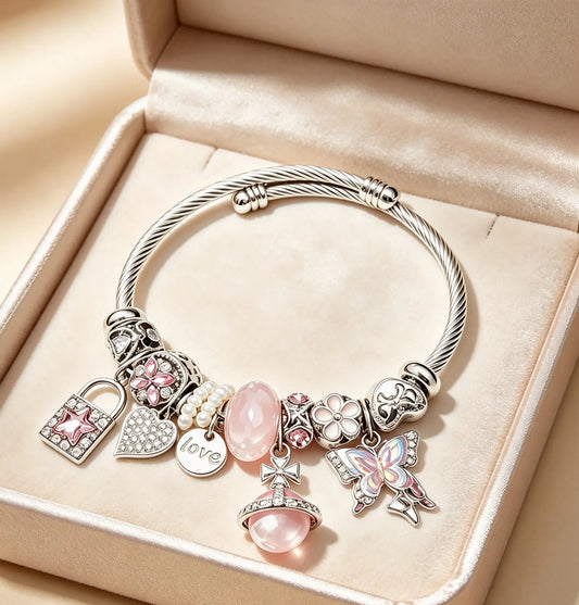 Dreamy Pink Crystal Butterfly Lock Bangle | Sweet Charm Bracelet, Romantic Girly Accessory