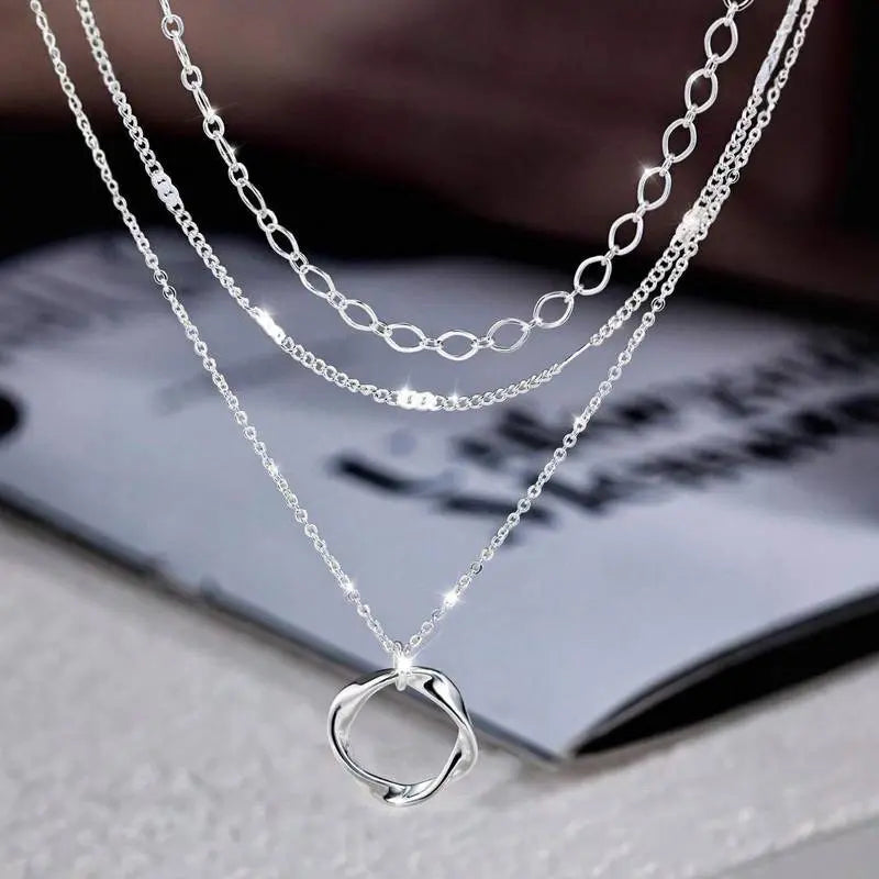 Layered Silver Necklaces for Women, Silver Stackable Stack Choker Necklaces for Women Trendy Layering Circle Pendant Chain Necklace Set Jewelry for Women