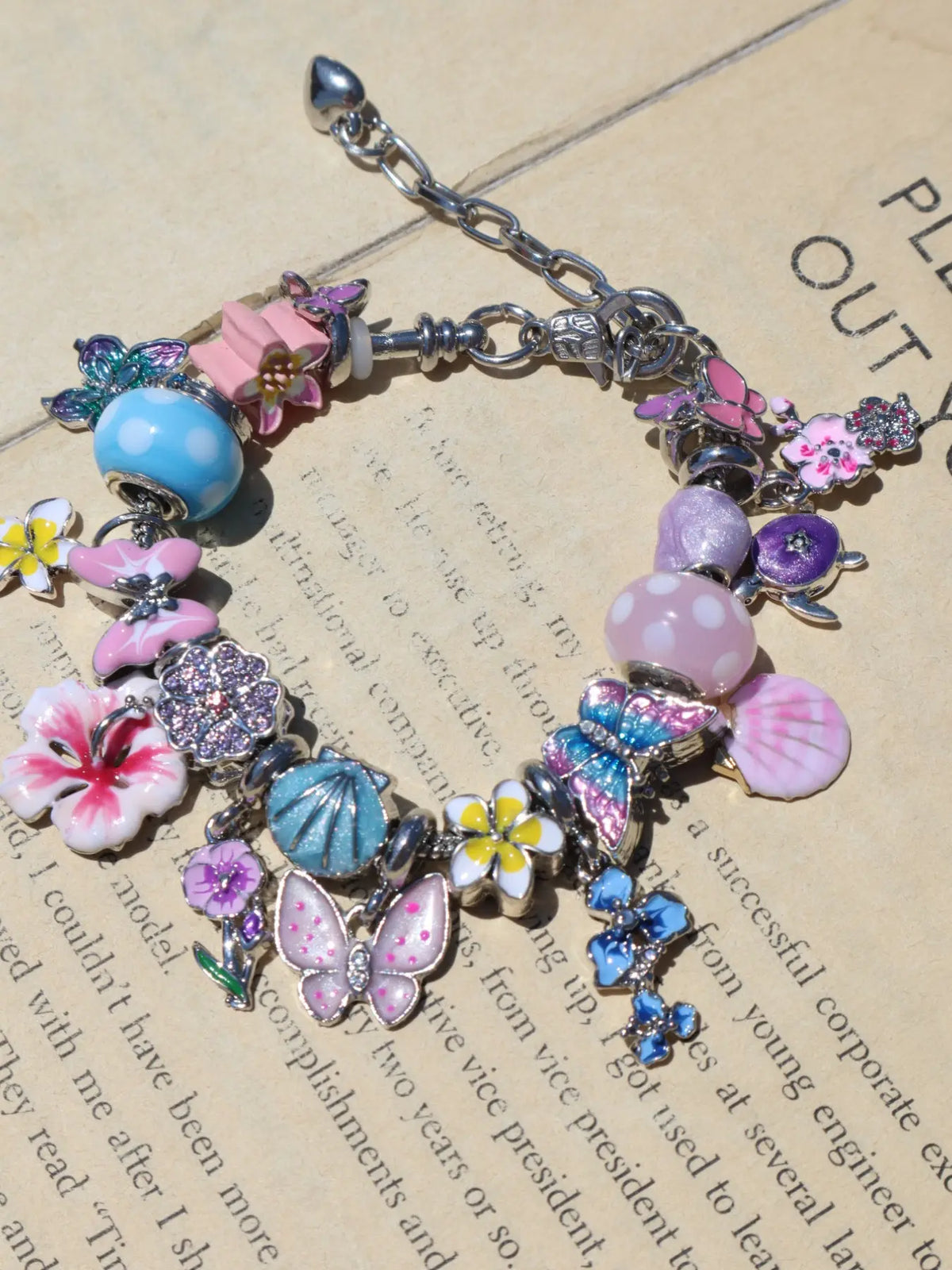 Vintage Flower Charm Bracelet, Cherry Blossom Bracelet, Tulip Flower Bracelet, Vintage Butterfly Bracelet, Vacation Style Bracelet, Floral Charm Bracelets