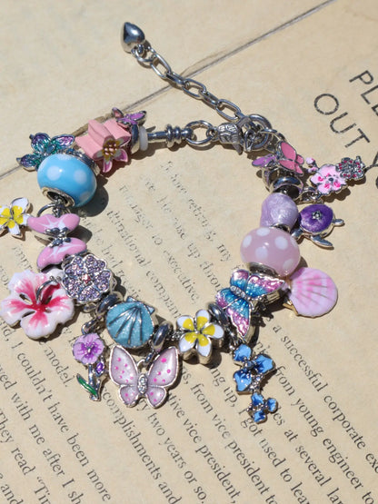 Vintage Flower Charm Bracelet, Cherry Blossom Bracelet, Tulip Flower Bracelet, Vintage Butterfly Bracelet, Vacation Style Bracelet, Floral Charm Bracelets