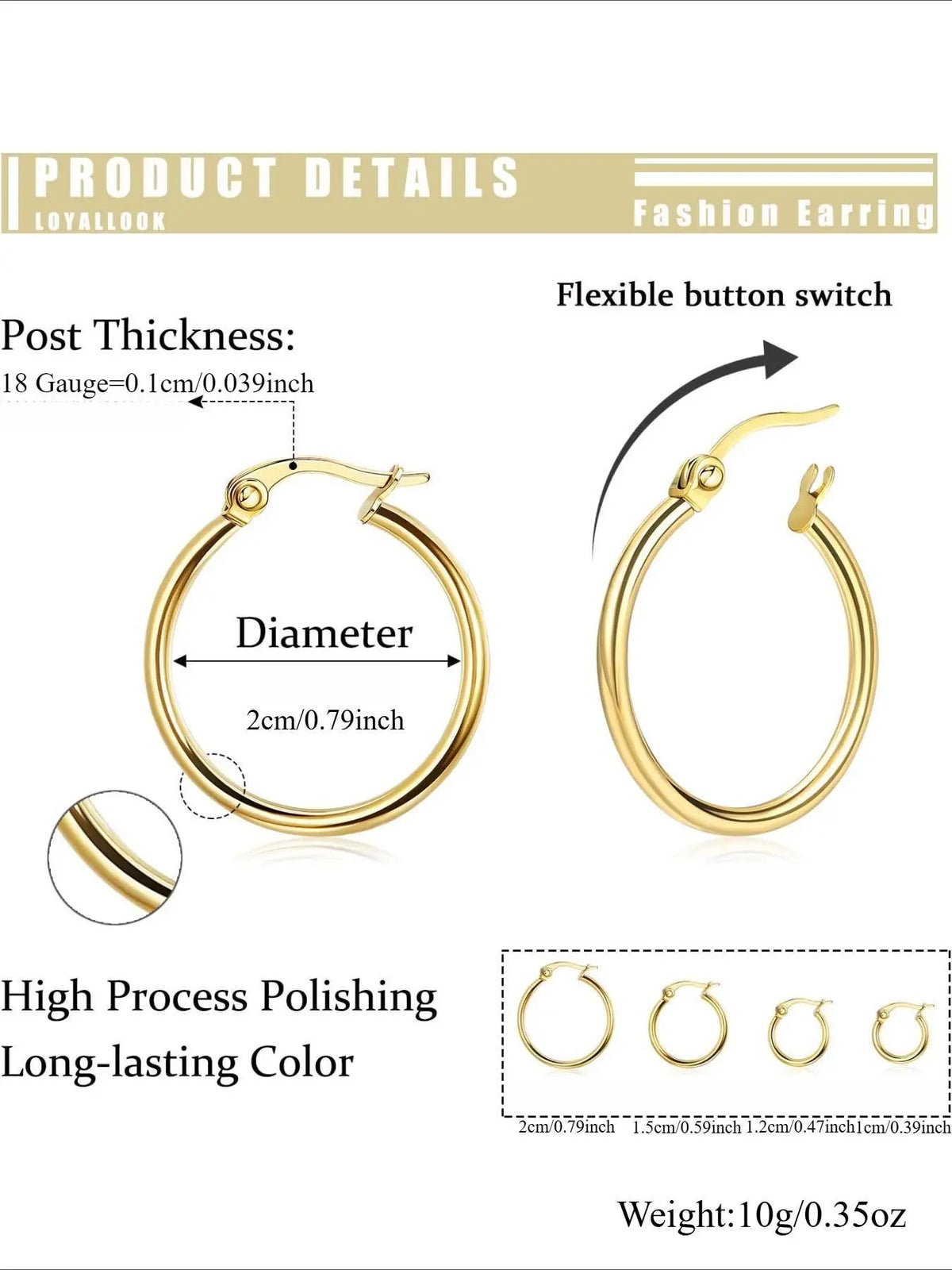 Gold Hoop Shape Circle Shape Earrings Set Stainless Steel Rounded Small Huggie Earrings for Women, 10/12/15/20mm Nickel Free Hoops, Cute Casual Style, Hypoallergenic Jewelry, Fashion Earring, Ear Accessories, Hoop Earring Sets