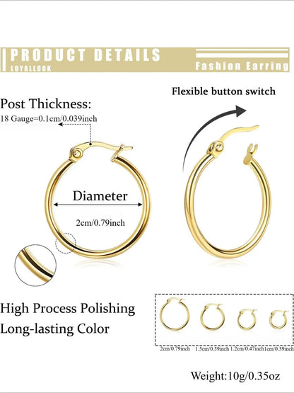 Gold Hoop Shape Circle Shape Earrings Set Stainless Steel Rounded Small Huggie Earrings for Women, 10/12/15/20mm Nickel Free Hoops, Cute Casual Style, Hypoallergenic Jewelry, Fashion Earring, Ear Accessories, Hoop Earring Sets