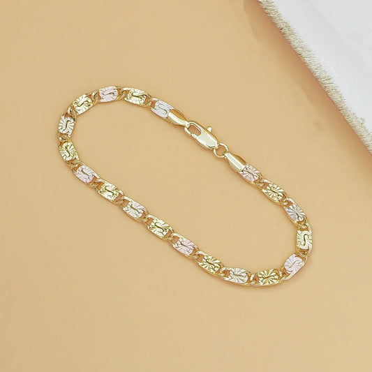 Women's 1pc 14K Tri-Tone Mariner Link Bracelet - Polished Floral Engraved Chain, Exquisite Fashion Wrist Gold Jewelry, Dainty Everyday Wear Gift for Her, Sohochic, Exquisite Bracelet, Fashion Wrist Jewelry