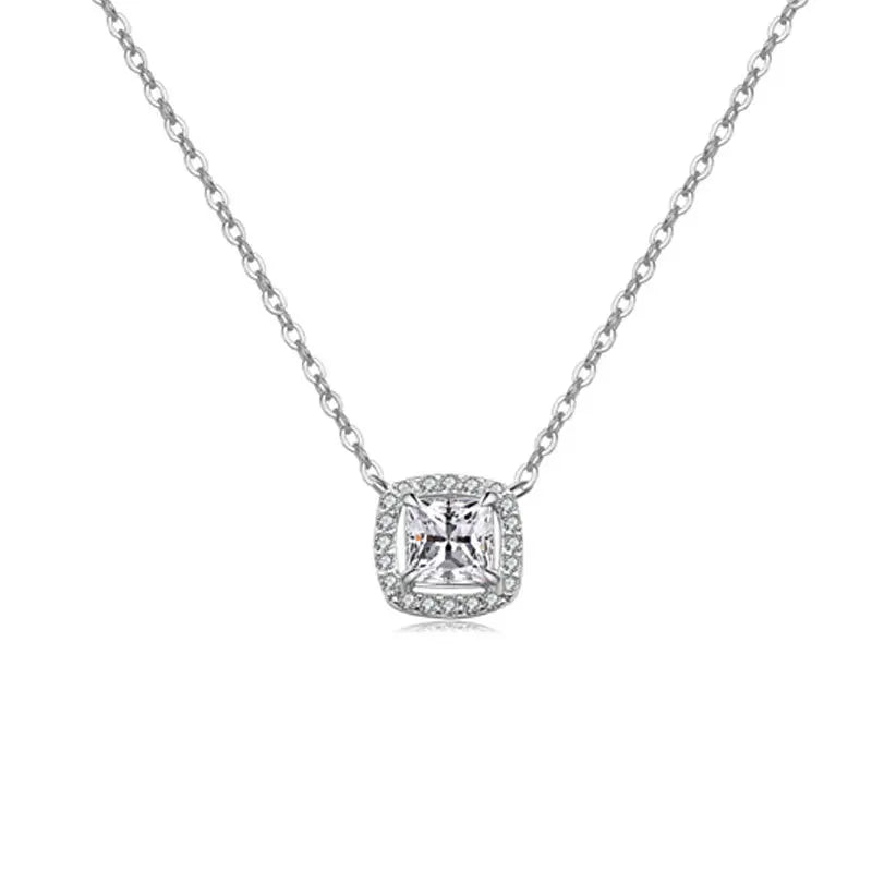 Women's Princess Cut Pendant Necklace - Delicate Heart-Round Cluster Halo Chain, Minimalist Aesthetic Solitaire Jewelry, Casual Outfits Women Accessory, Trendy Birthday Christmas Gift