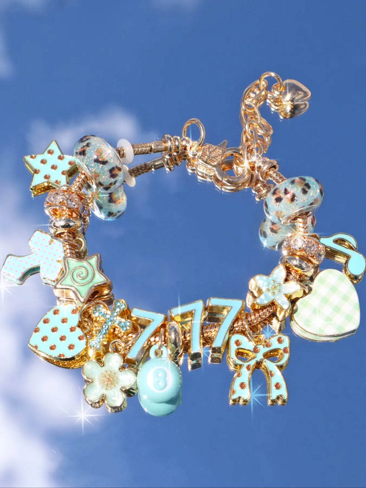 Leopard Print Cherry Charm Bracelet, Star Girl Cross Bracelet, Lucky Number 777 Bracelet, Cherry Tooth Bracelet, Pool Ball 7 Bracelet