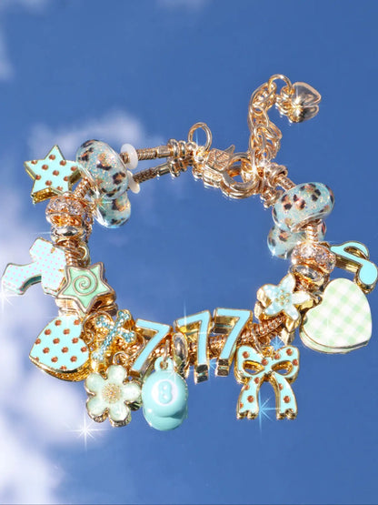 Leopard Print Cherry Charm Bracelet, Star Girl Cross Bracelet, Lucky Number 777 Bracelet, Cherry Tooth Bracelet, Pool Ball 7 Bracelet