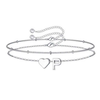 Women's Layered Heart Initial Bracelet Sets - Adjustable Heart-Letter Link, Exquisite Cute Accessories, Fashion Costume Jewelry, Birthday Christmas Gifts, Princess Charm Bangles, Sohochic