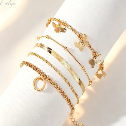Women's 5-Piece Adjustable Stackable Bracelets Set, Dainty Gold Tone Minimalist Chain Bracelet with Butterfly Charm, Durable Metal for Layering & Everyday Casual Streetwear.
