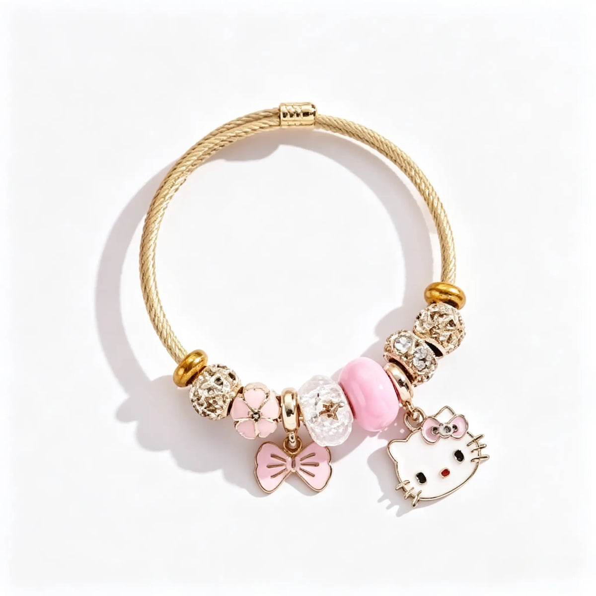Sanrio Hello Kitty Charm Bracelet with Heart Key & Pink Bead Accents Adjustable Fit Sparkling Design for Sanrio Fans