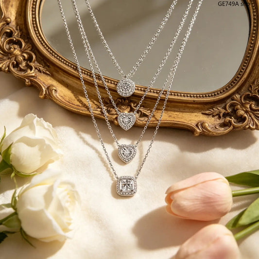 Women's Princess Cut Pendant Necklace - Delicate Heart-Round Cluster Halo Chain, Minimalist Aesthetic Solitaire Jewelry, Casual Outfits Women Accessory, Trendy Birthday Christmas Gift
