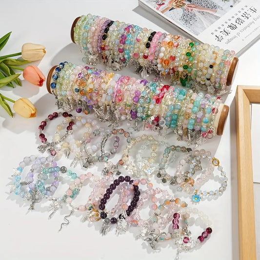 Women's 32-Piece Boho Charm Set - Jewelry Stack with Vintage Multicolor Glass Beads, Butterfly Accent, Floral, Heart & Star Accents, Elastic Stretch Casual Wear Party Gift Bracelets