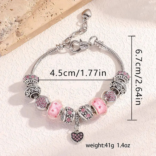 ARPURRAINA Women's Pink Heart-Shaped Pendant Bracelet Set, Exquisite Jewelry Accessory with Delicate Beads, Dazzling Pendant & Adjustable Serpentine Chain, Trendy Stacks for Valentine’s Day Love Bracelet Gifts