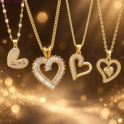 Women's 18K Gold Plated Heart Pendant Necklace, Shiny Zircon INS Minimalist Luxury Dainty Clavicle Chain, For Daily Casual Wear & Holiday Gifting, Sports & Outdoor Accessory, Soho-Chic