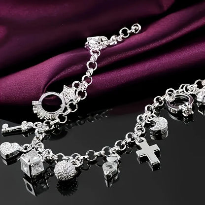 Women's 925 Sterling Silver Baroque Charm Bracelet - Statement Piece with 13 Charms, Heart Key Pendant, Bling Effect, Stacking Option - Ideal Birthday Gift, Jewelry for Women
