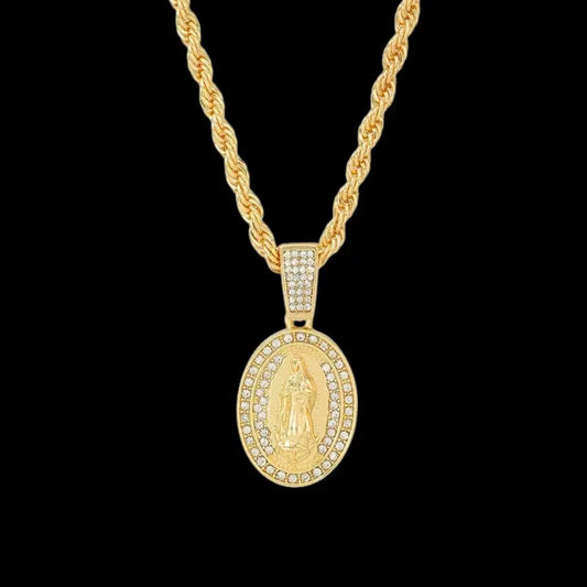 MaxBling81 Women's Gold Religious Motif Oval Iced Cubic Zirconia Charm Pendant Necklace, 4mm Rope Chain (18"-20"-24"), Costume Jewelry, Daily Wear Accessory, Religious Gift, Necklaces