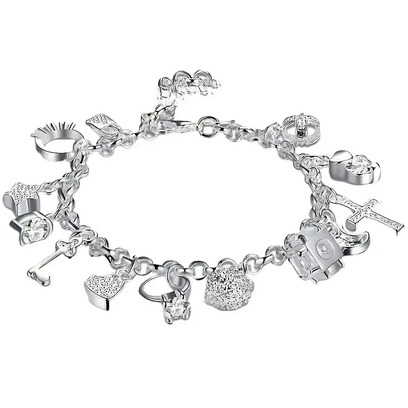 Women's Baroque Alloy Plated Heart Key Pendant Bracelet - 1pc, 13 Small Pendants, Bohemian Style, Silvery Bling Effect, Jewelry for Women, Bangle Fashion Accessory, Ideal for Girlfriend Gift, Birthday Gift