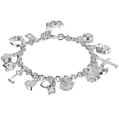 Women's Baroque Alloy Plated Heart Key Pendant Bracelet - 1pc, 13 Small Pendants, Bohemian Style, Silvery Bling Effect, Jewelry for Women, Bangle Fashion Accessory, Ideal for Girlfriend Gift, Birthday Gift