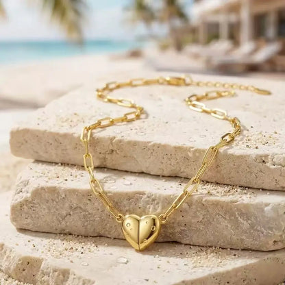 Gold Heart Necklace for Women 3D Puffy Love Pendant Stainless Steel Paperclip Link Chain Minimalist Layering Aesthetic Trendy Jewelry Gift