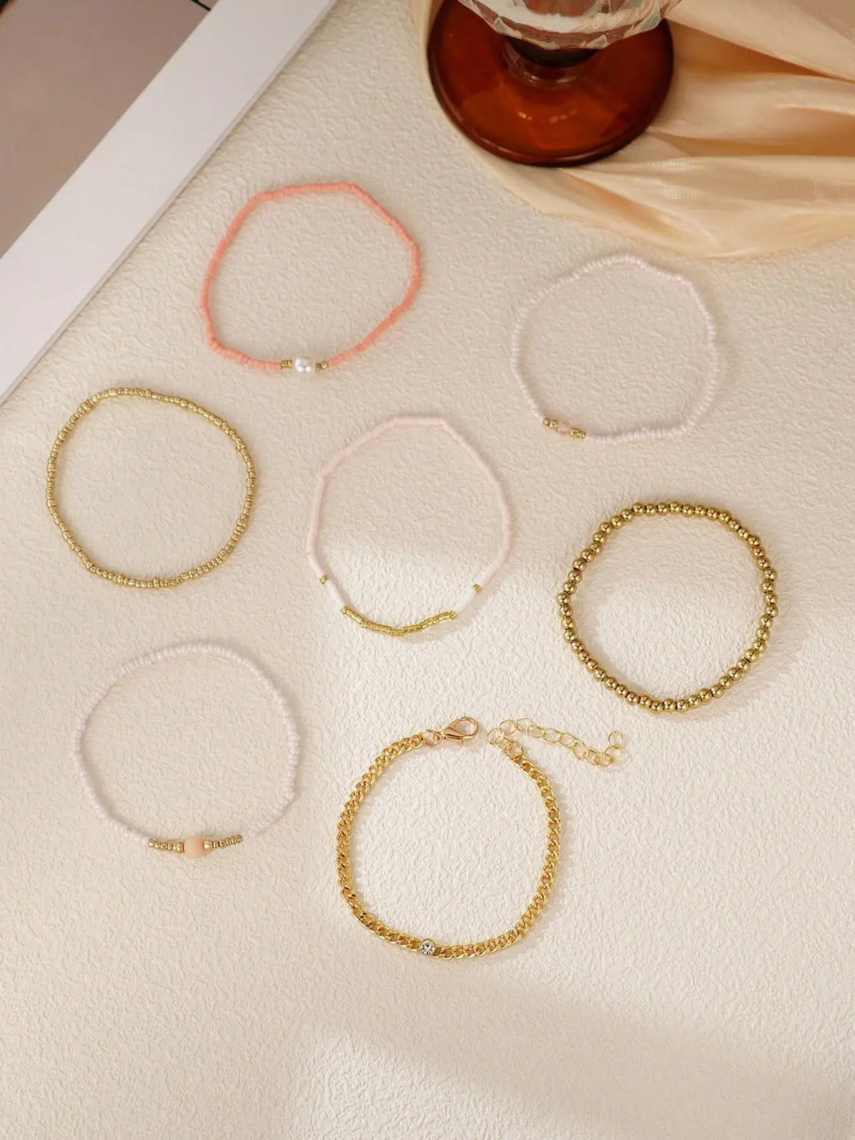 7-Piece Women's Bracelet Set, Elegant Beaded Zircon Jewelry, Boho Style Faux Pearl Layered Adjustable Bracelets, Perfect for Daily & Party Wear, Gift Idea