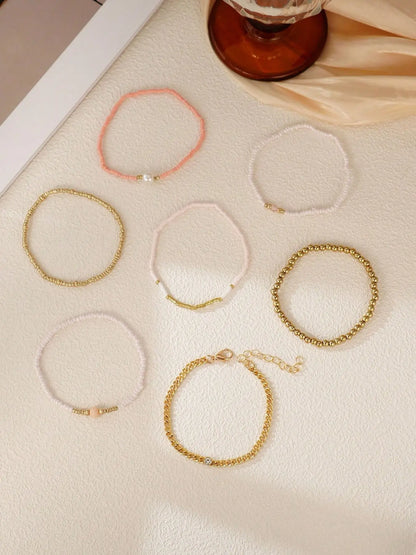 7-Piece Women's Bracelet Set, Elegant Beaded Zircon Jewelry, Boho Style Faux Pearl Layered Adjustable Bracelets, Perfect for Daily & Party Wear, Gift Idea
