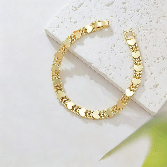 Women's 14K Gold Plated Double Row Cuban Link Charm Bracelet - Smooth Polished Heart Chain, Chunky Stackable Female Wrist Jewelry, All Seasons Accessory for Women, Birthday Valentine’s Day Gift Sohochic