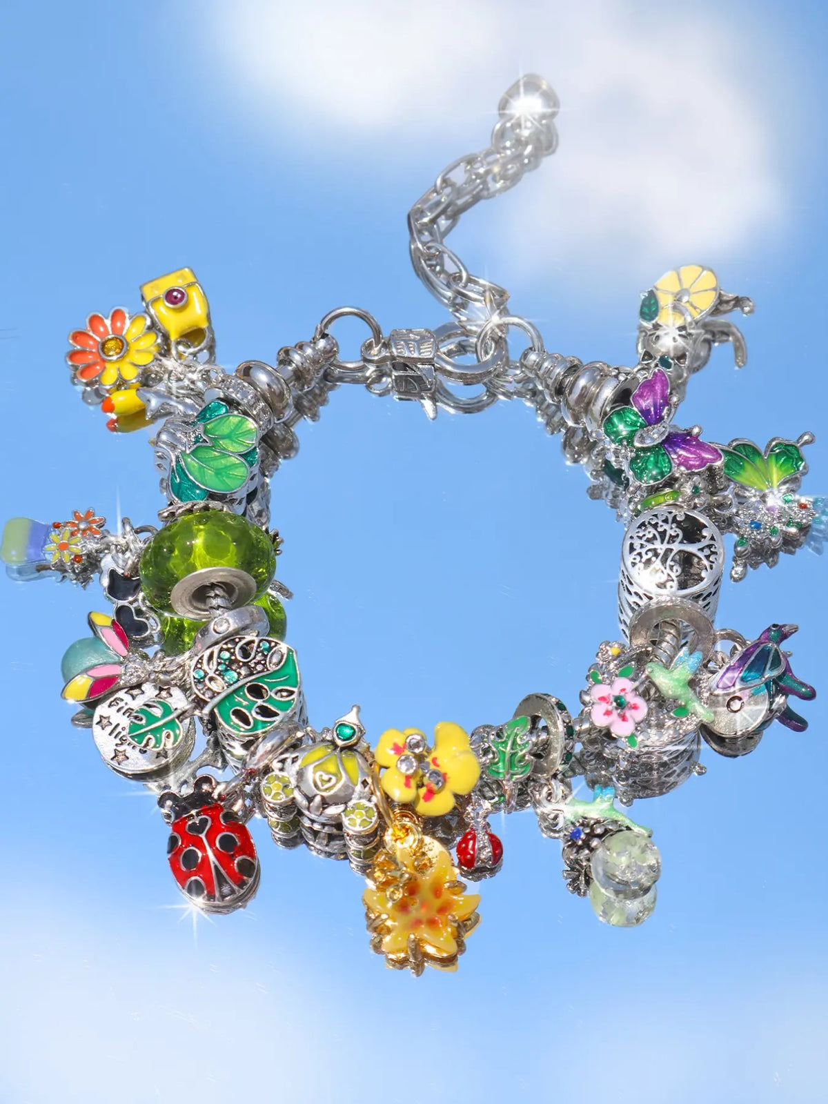 Vintage Flower Charm Bracelet, Cherry Blossom Bracelet, Tulip Flower Bracelet, Vintage Butterfly Bracelet, Vacation Style Bracelet, Floral Charm Bracelets