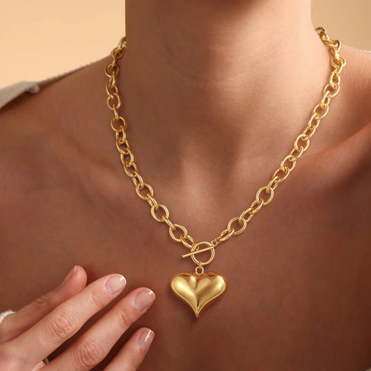 Tewiky Gold Large O-Link Chain Puffy Heart Pendant Necklace for Women, Shiny Smooth Statement Necklace Back To School